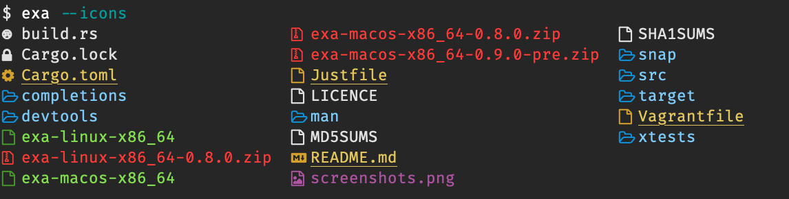 A screenshot of exa with icons next to the file names.
